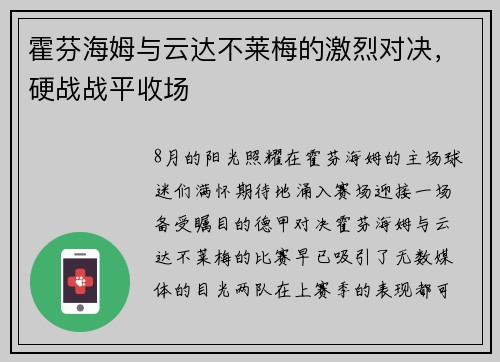霍芬海姆与云达不莱梅的激烈对决，硬战战平收场