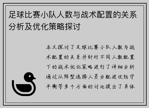 足球比赛小队人数与战术配置的关系分析及优化策略探讨