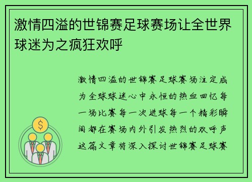 激情四溢的世锦赛足球赛场让全世界球迷为之疯狂欢呼