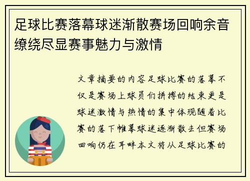足球比赛落幕球迷渐散赛场回响余音缭绕尽显赛事魅力与激情