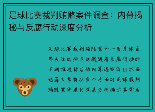 足球比赛裁判贿赂案件调查：内幕揭秘与反腐行动深度分析