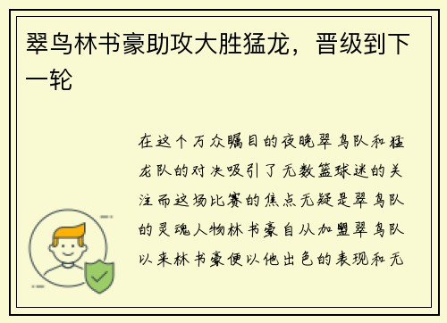 翠鸟林书豪助攻大胜猛龙，晋级到下一轮
