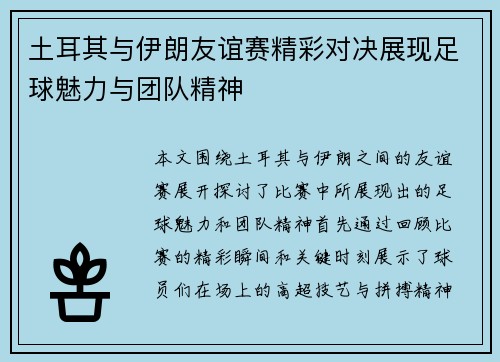 土耳其与伊朗友谊赛精彩对决展现足球魅力与团队精神