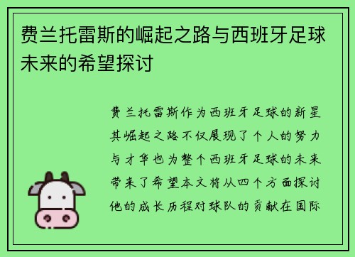 费兰托雷斯的崛起之路与西班牙足球未来的希望探讨