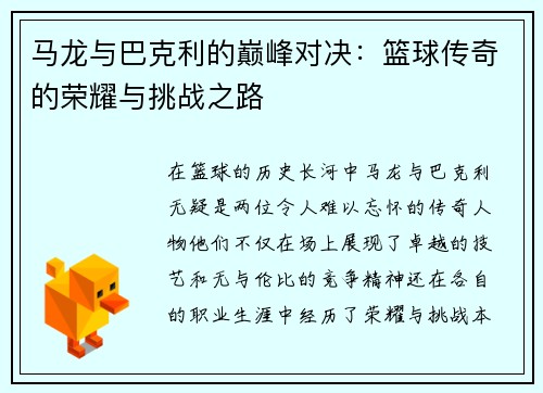 马龙与巴克利的巅峰对决：篮球传奇的荣耀与挑战之路