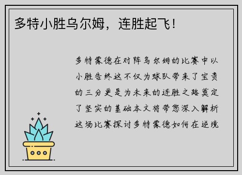 多特小胜乌尔姆，连胜起飞！