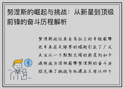 努涅斯的崛起与挑战：从新星到顶级前锋的奋斗历程解析