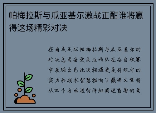 帕梅拉斯与瓜亚基尔激战正酣谁将赢得这场精彩对决