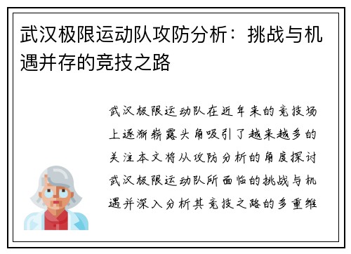 武汉极限运动队攻防分析：挑战与机遇并存的竞技之路