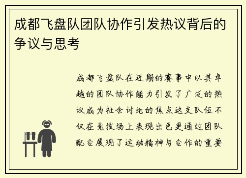 成都飞盘队团队协作引发热议背后的争议与思考