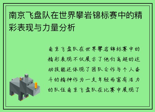 南京飞盘队在世界攀岩锦标赛中的精彩表现与力量分析