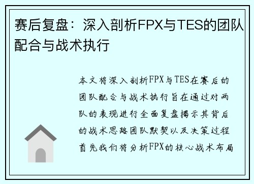 赛后复盘：深入剖析FPX与TES的团队配合与战术执行